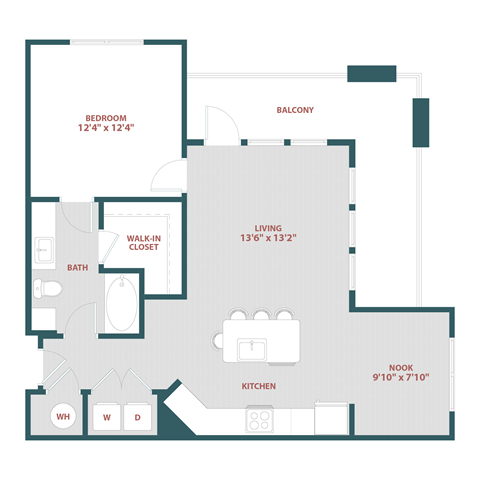 Floor plan for 1 bed, 1 bath, 837 sqft